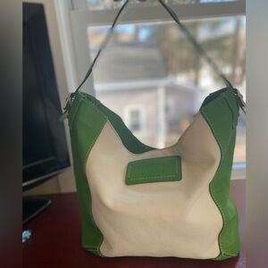 Kate Spade Green leather & cream canvas bag